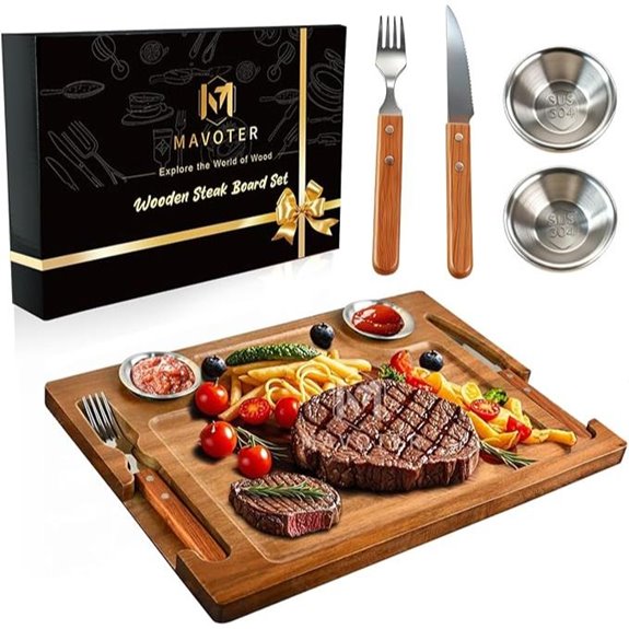 Acacia Wooden Steak Board with Cutlery and Ramekins