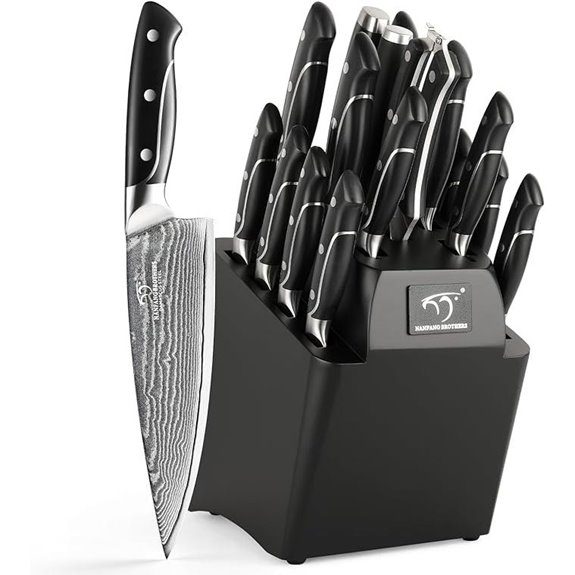 Damascus Kitchen Knife Set with Block and Accessories