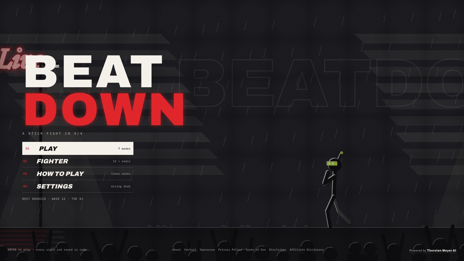 Stickman Arcade: Nine Free Browser Games and an Animator, Built by AI in One Day 9 BEATDOWN title in film-noir style, a stick-figure producer silhouetted against rain and a red neon sign
