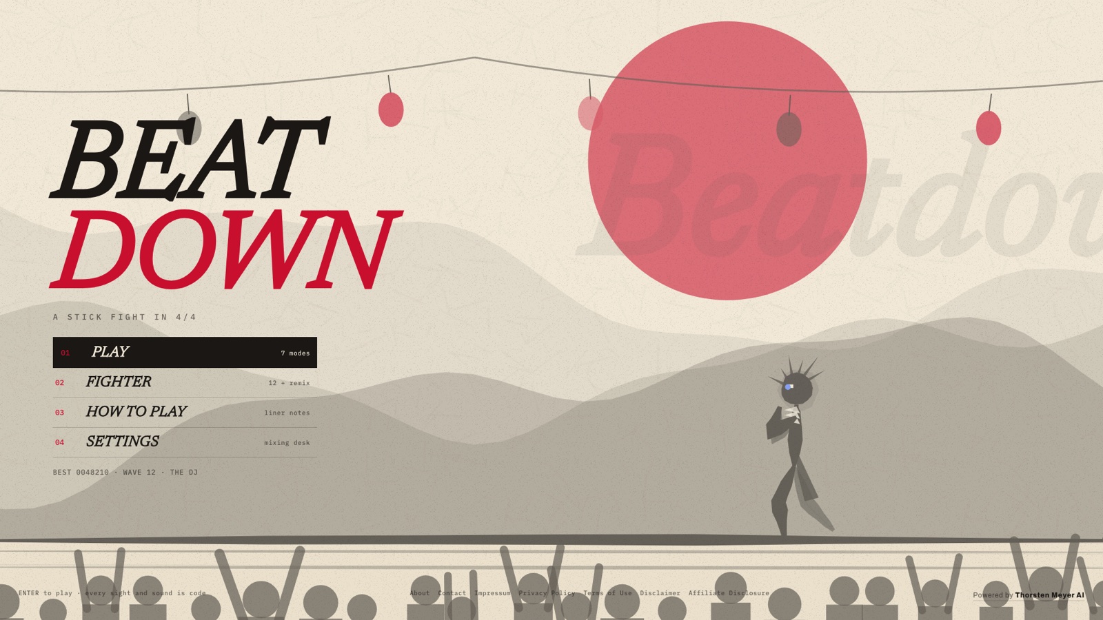 Stickman Arcade: Nine Free Browser Games and an Animator, Built by AI in One Day 11 BEATDOWN title in sumi-e ink-brush style with a red sun and lanterns behind a stick-figure pianist