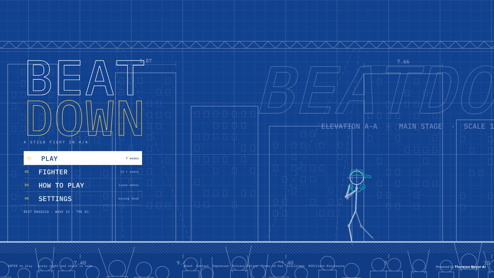 Stickman Arcade: Nine Free Browser Games and an Animator, Built by AI in One Day 12 BEATDOWN title as a technical blueprint drawing with a stick-figure beatboxer on grid paper
