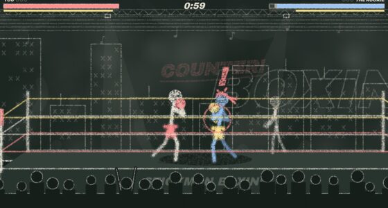 Chalk boxing ring with two stick-figure boxers trading punches and a COUNTER! callout