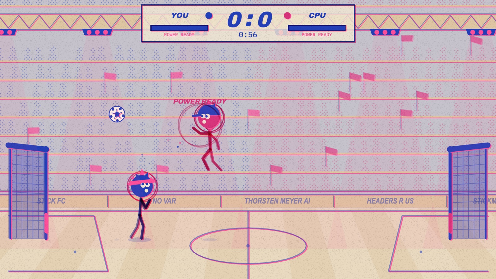 Stickman Arcade: Nine Free Browser Games and an Animator, Built by AI in One Day 18 Riso stadium with two big-headed stick figures chasing a ball toward a goal