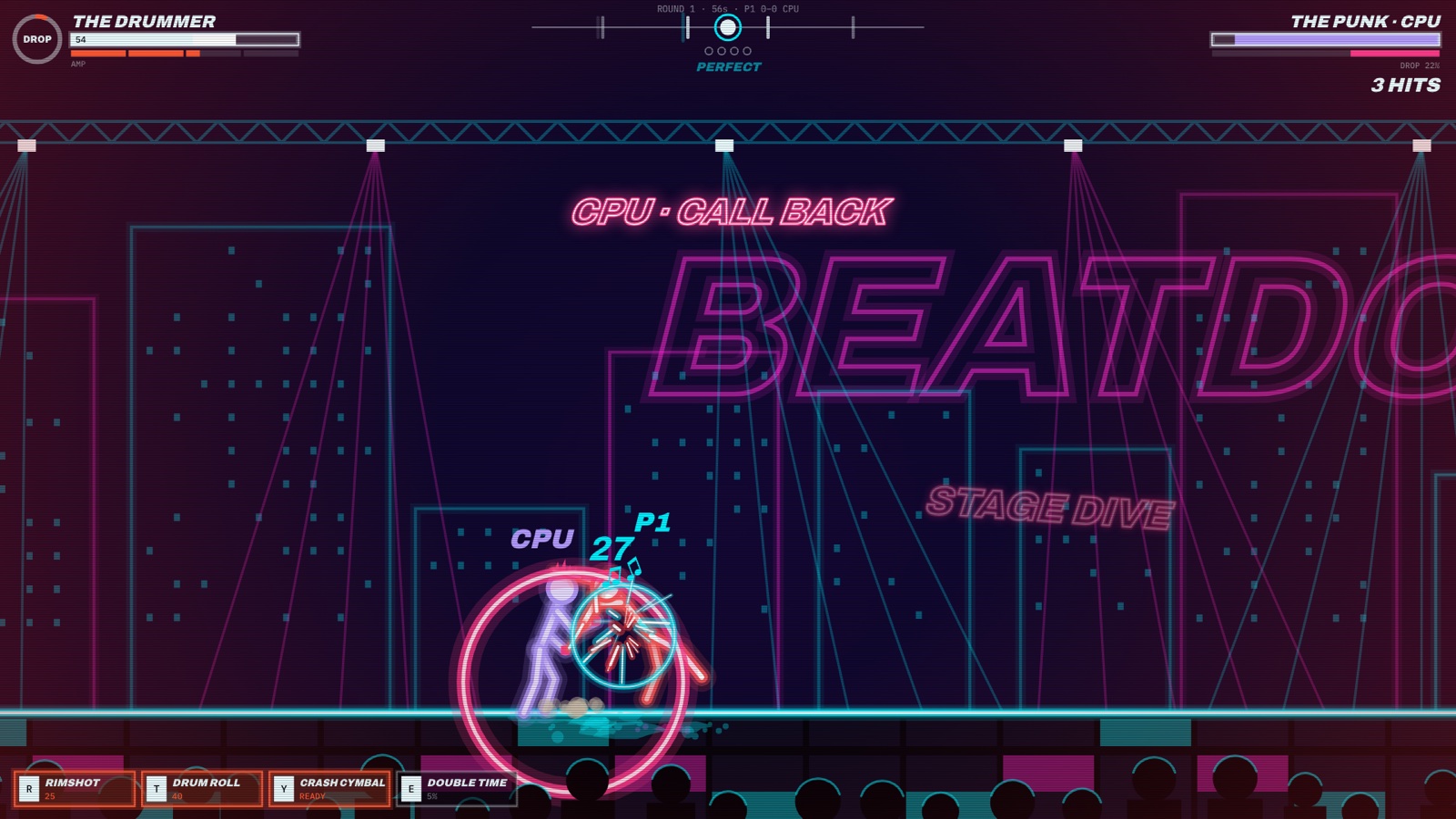 Stickman Arcade: Nine Free Browser Games and an Animator, Built by AI in One Day 15 Neon one-on-one fight between a drummer and a punk with round counter and two health bars